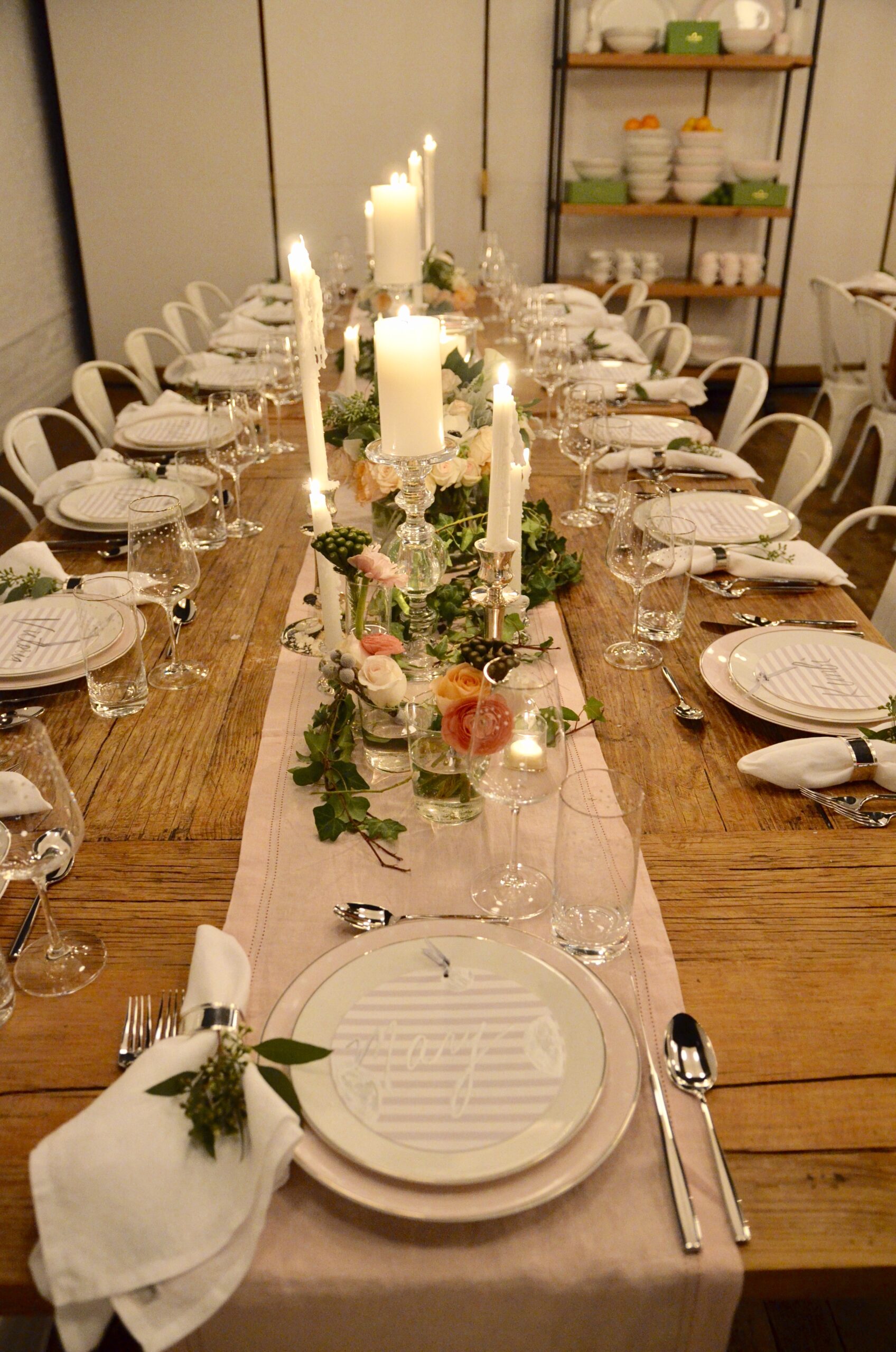 blush and white tablescape for kate spade dinnerware collection