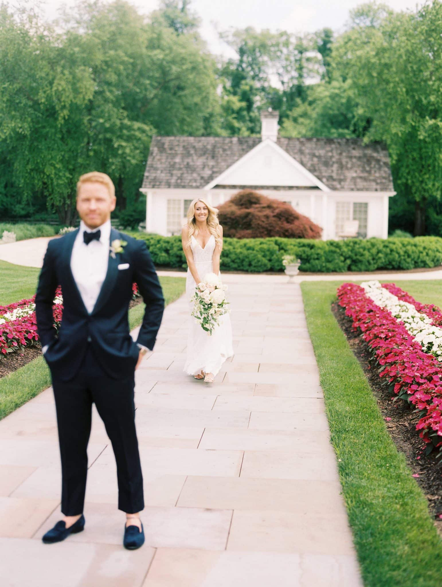 bride and groom at first look