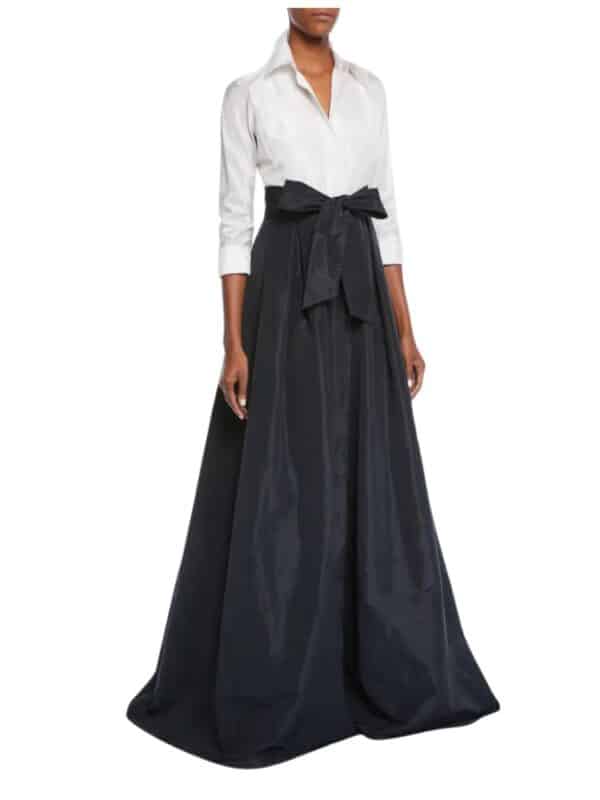 Rickie Freeman for Teri Jon Two-Tone 3/4-Sleeve Taffeta Shirtdress Gown