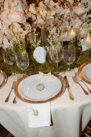 gold and white place settings