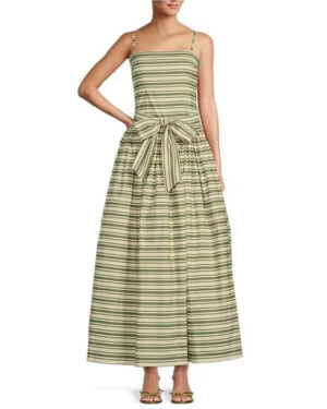 green striped wedding guest dress