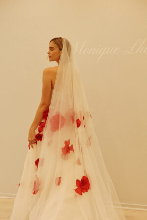 Monaco red roses wedding dress Tulle strapless ball gown with scattered rose petal embroidery.