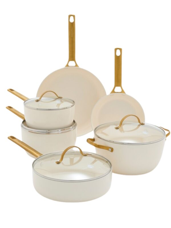 cream colored green pan set from williams sonoma