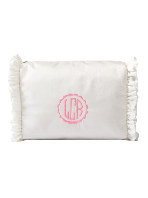 white ruffle monogrammed pouch