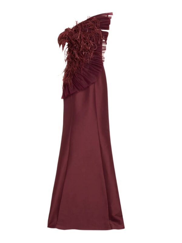 Badgley Mischka Strapless Feather-Embellished Fan Ruffle Gown