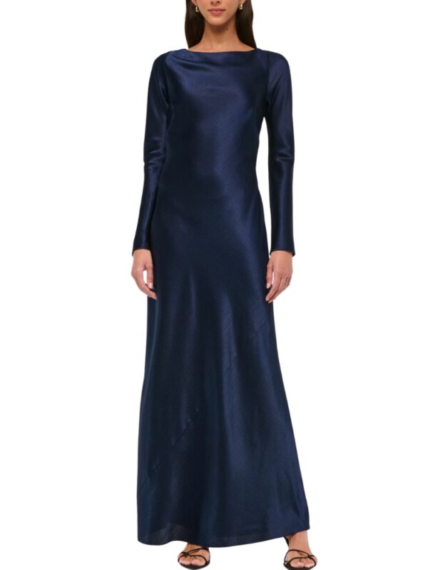 Blue Long-Sleeve Cowl Back Slip Wedding Guest Dress