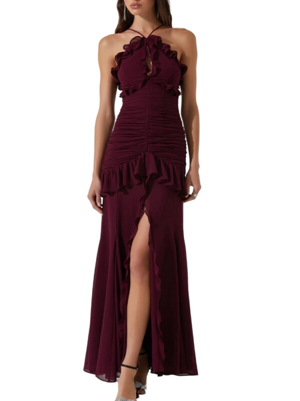 Wine Wedding Guest Dress Sandora Ruffle Detail Maxi Dress