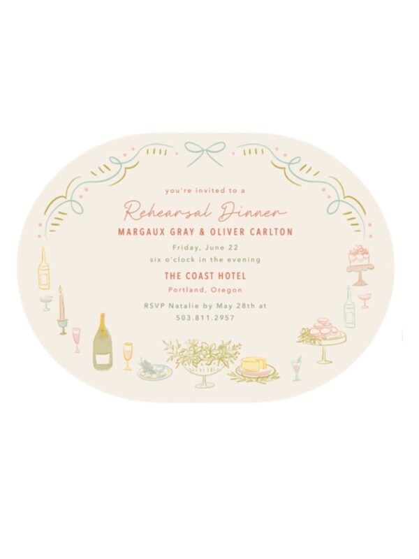 Custom rehearsal dinner invitations with colorful illustration and bows