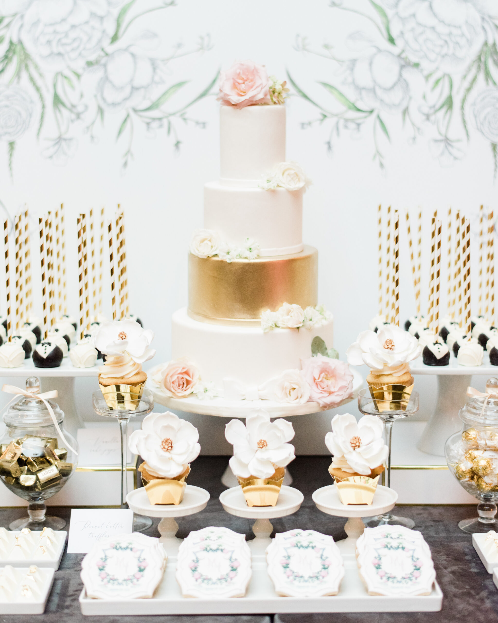 white and gold wedding cake and dessert bar | KC You There Wedding Event Services