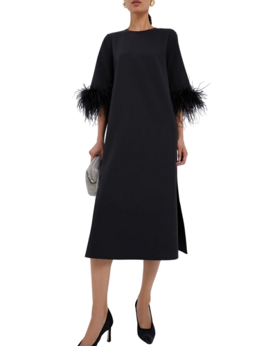 black midi dress with feather sleeves wedding guest dress