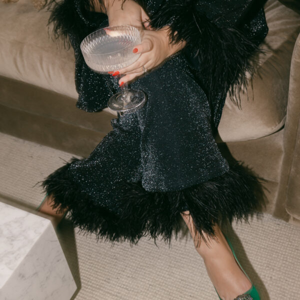 black feather pjs and champagne