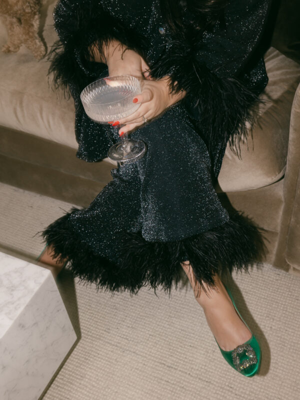 black feather pjs and champagne