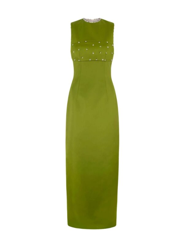 Amadine Embellished Dress In Olive Green Doppio Satin