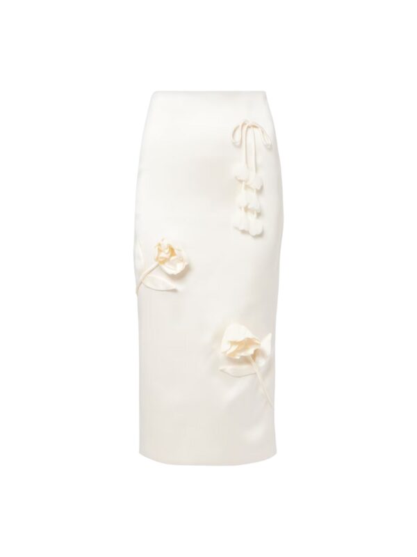 self-portrait white floral-appliqué satin midi skirt