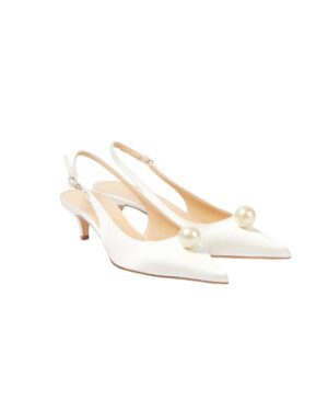 leather-trimmed white satin slingback sandals