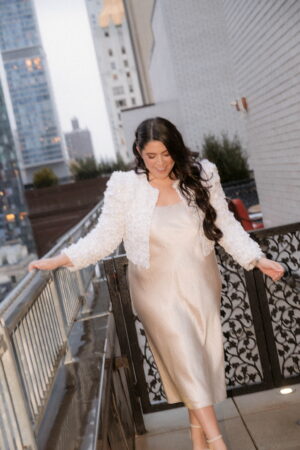 Vince slip dress + white jacket for engagement party