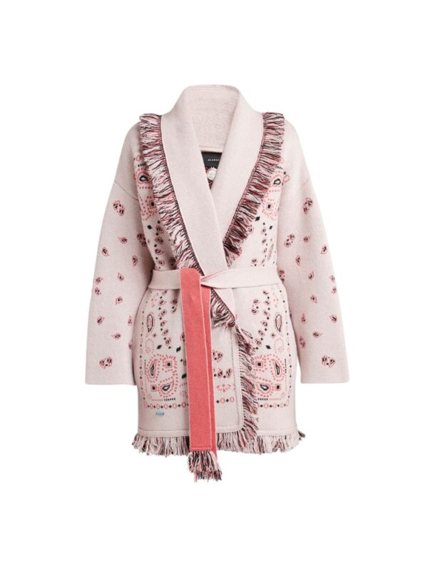 Alanui Jacquard Bandana Fringe Belted Cashmere Cardigan, Pink