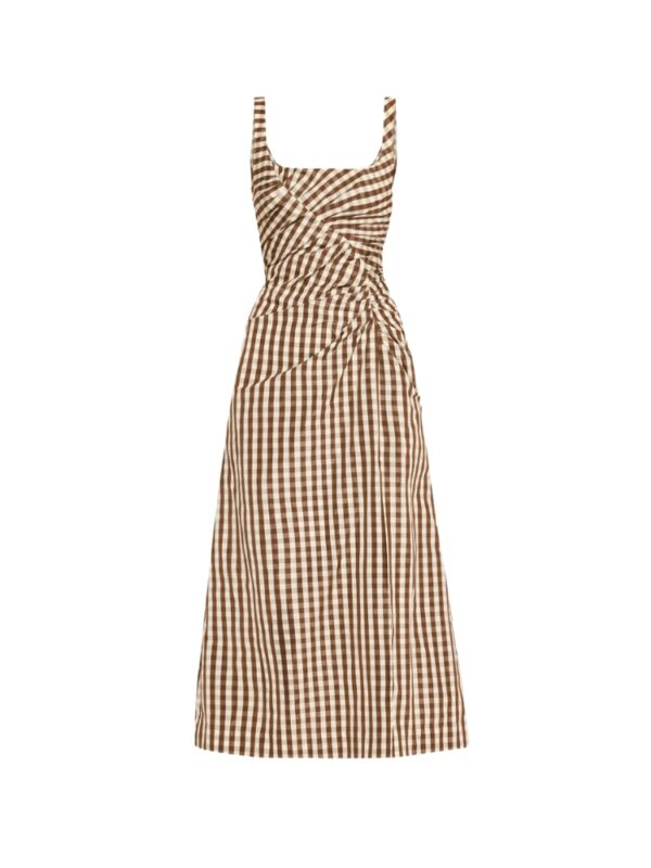 Lela Rose Plaid Taffeta Ruched Sleeveless Midi Dress