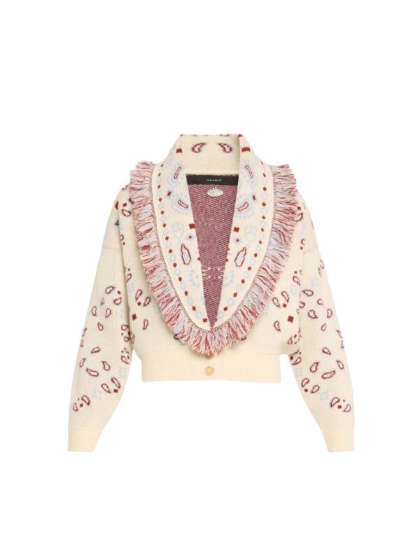 Jacquard Bandana Fringe Wool Cashmere Bomber Cardigan, White